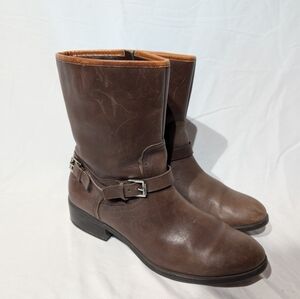 Lauren Ralph Lauren Mesi Chocolate Brown & Cognac Leather Buckle Moto Boots - Si